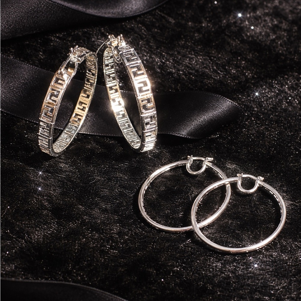 Luxury Silver Greek Key Hoop Earrings - Picture 2 of 4